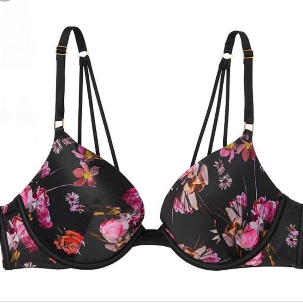 VICTORIA'S SECRET VERY
SEXY PLUNGE PUSH-UP Satin Black
Floral BRA Size 38DD - Picture 2 of 10